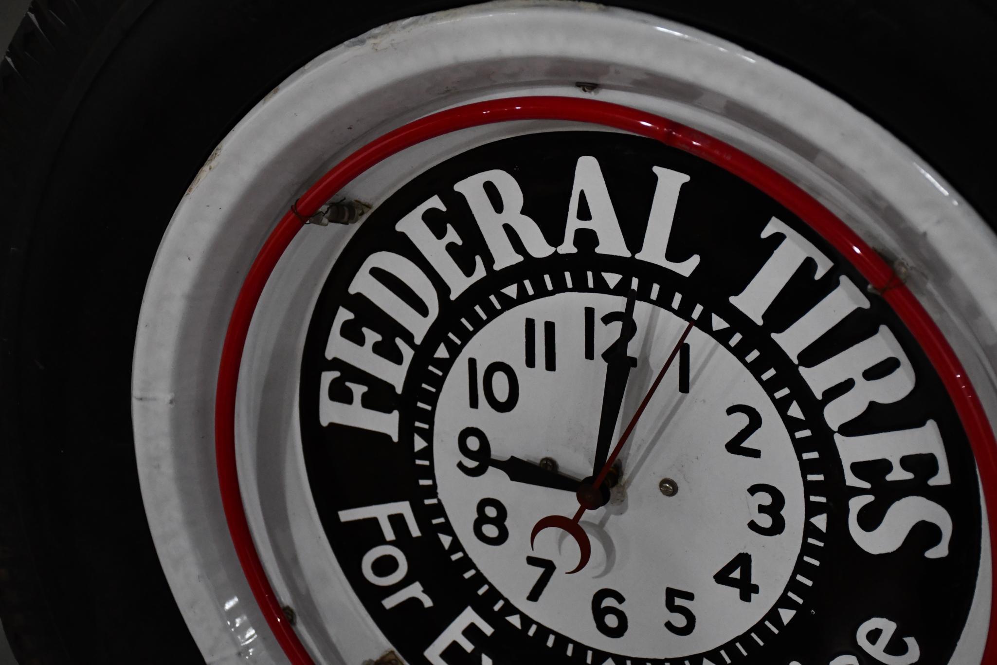 Federal Tires "For Extra Service" Porcelain Neon Clock Mounted in Tire