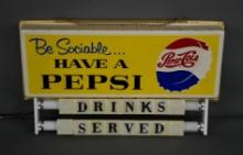 Be Sociable Have A Pepsi w/Bottle Cap Logo Plastic Lighted Sign