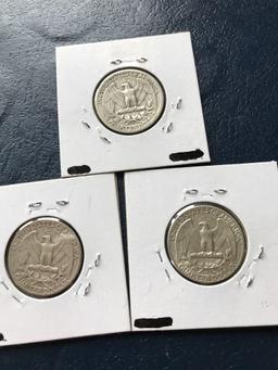 Three collectible silver Washington quarters