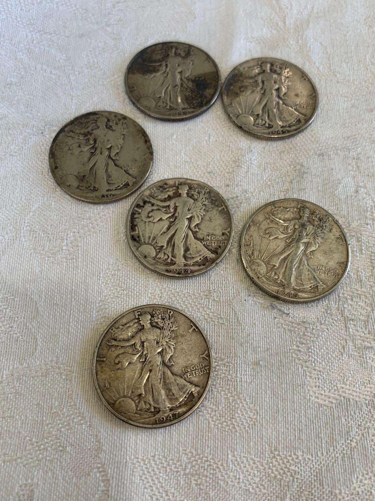 6 Walking liberty half dollars