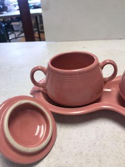 Vintage Fiesta pink creamer and sugar with tray