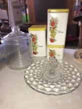 vintage canister set/crystal glass cake plate / cookie jar