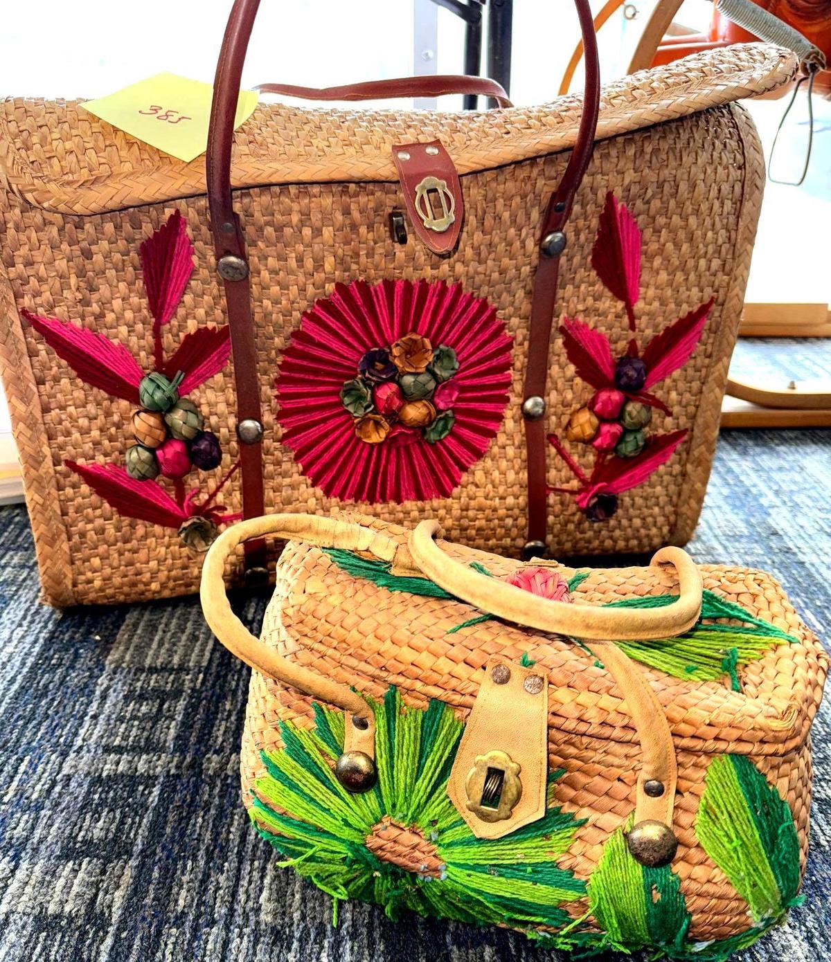 two vintage Purses, Wicker flower design