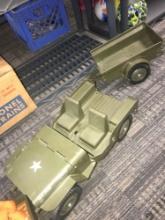 G I Joe 7000 Jeep/trailer/2- GI Joe 12 in figures and clothes plus box the Jeep is broken needs