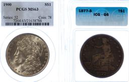 1877-S $1 G-6 ICG and 1900 $1 MS-63 PCGS