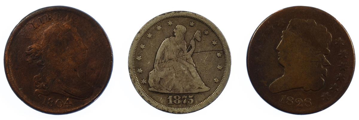 1804, 1828 1/2c and 1875 20c G/VG Details