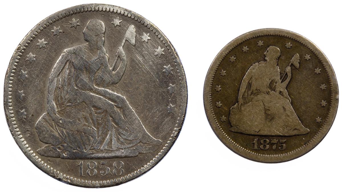 1875-S 20c and 1858 50c