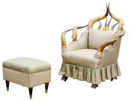 Victorian Style Steer Horn Chair and Ottoman