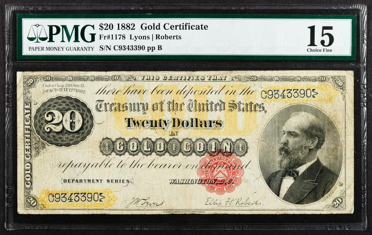 1882 $20 Gold Certificate VF-15 PMG