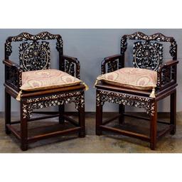 Asian Rosewood Stained and Mother of Pearl Chairs