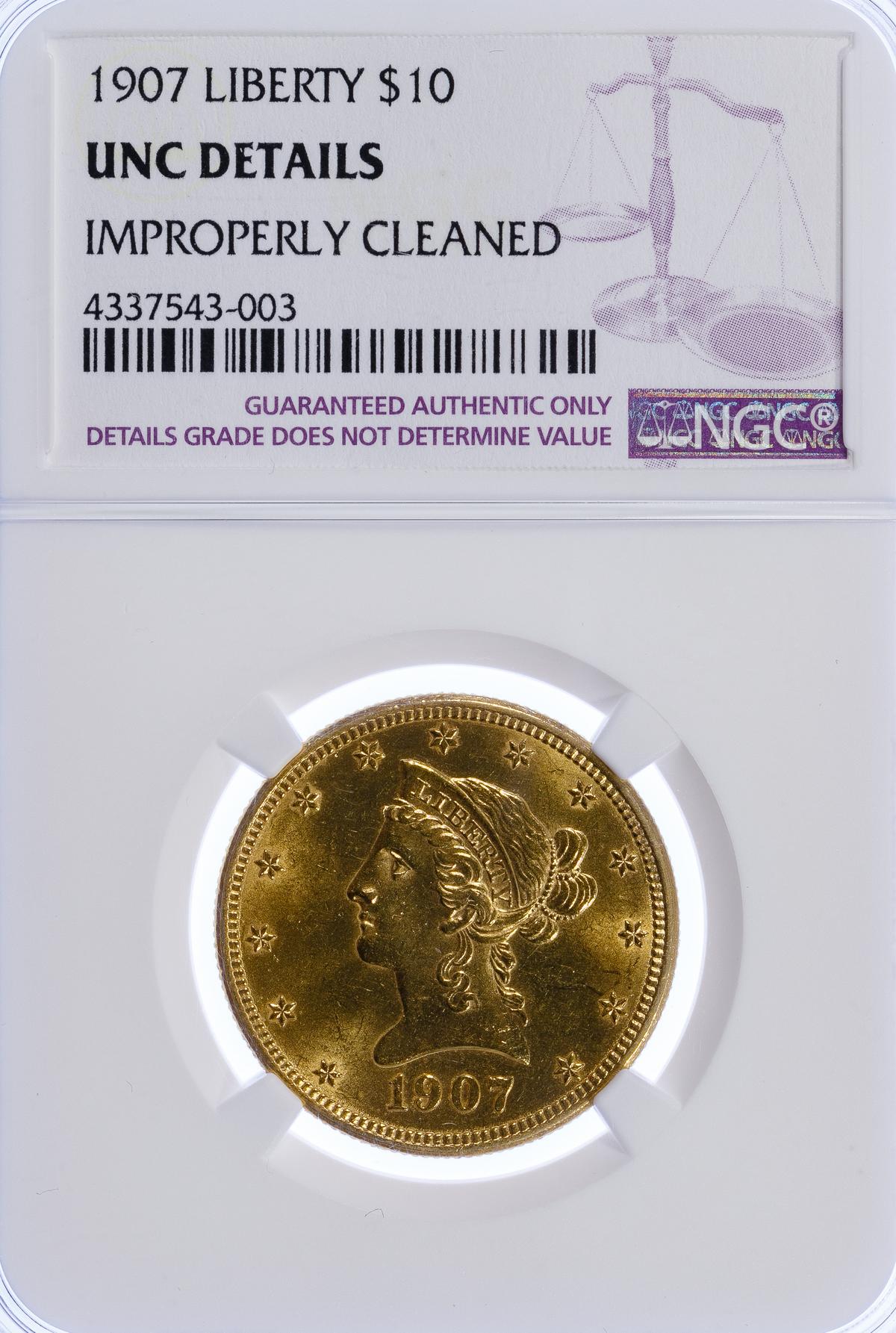 1907-D $10 Gold Unc. Details NGC