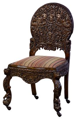 Richard Himmel Carved Burmese Upholstered Side Chair