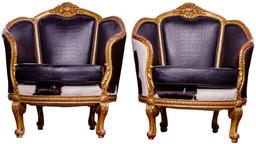 Victorian Style Cowhide and Leather Gilt Barrel Chairs