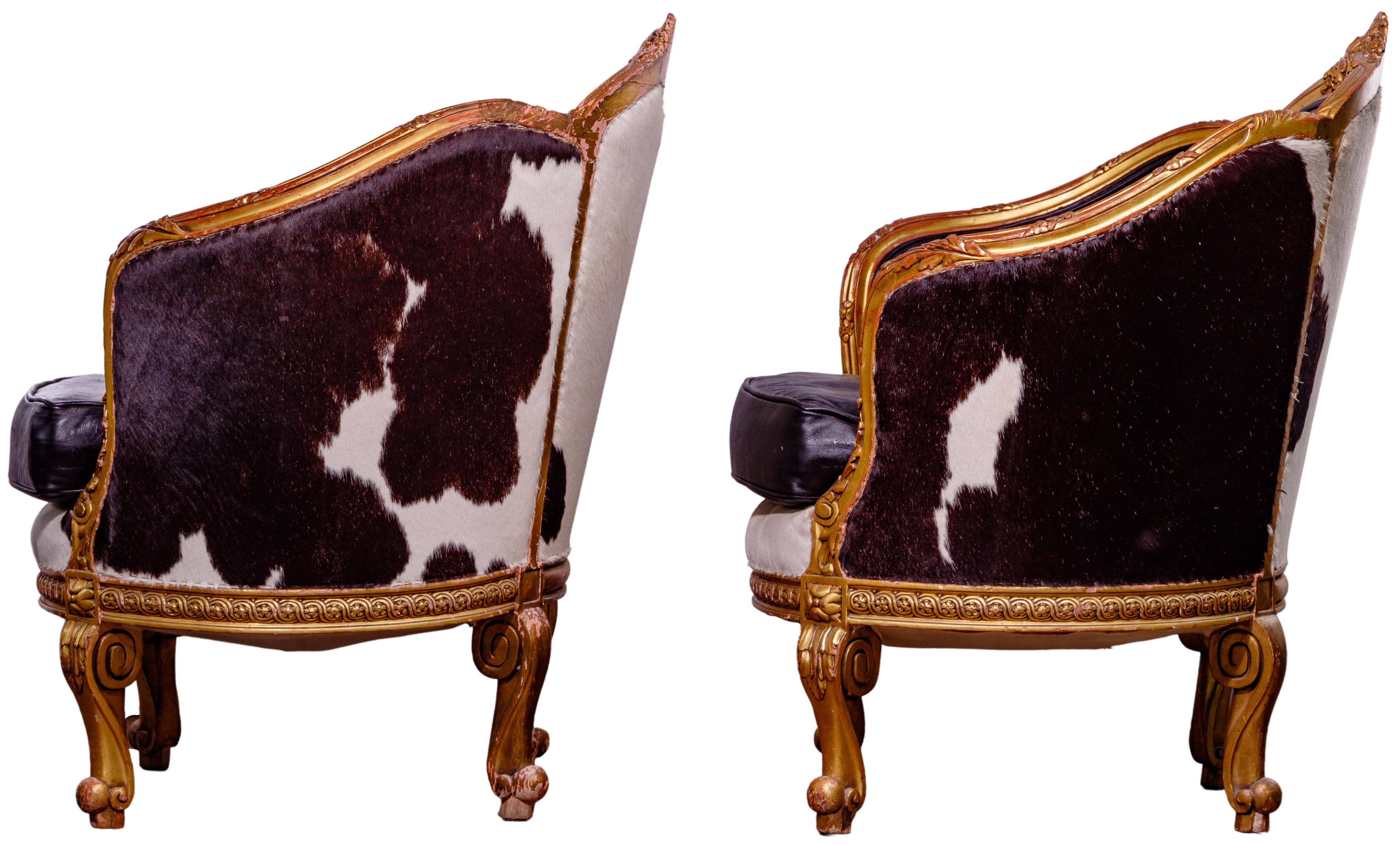 Victorian Style Cowhide and Leather Gilt Barrel Chairs