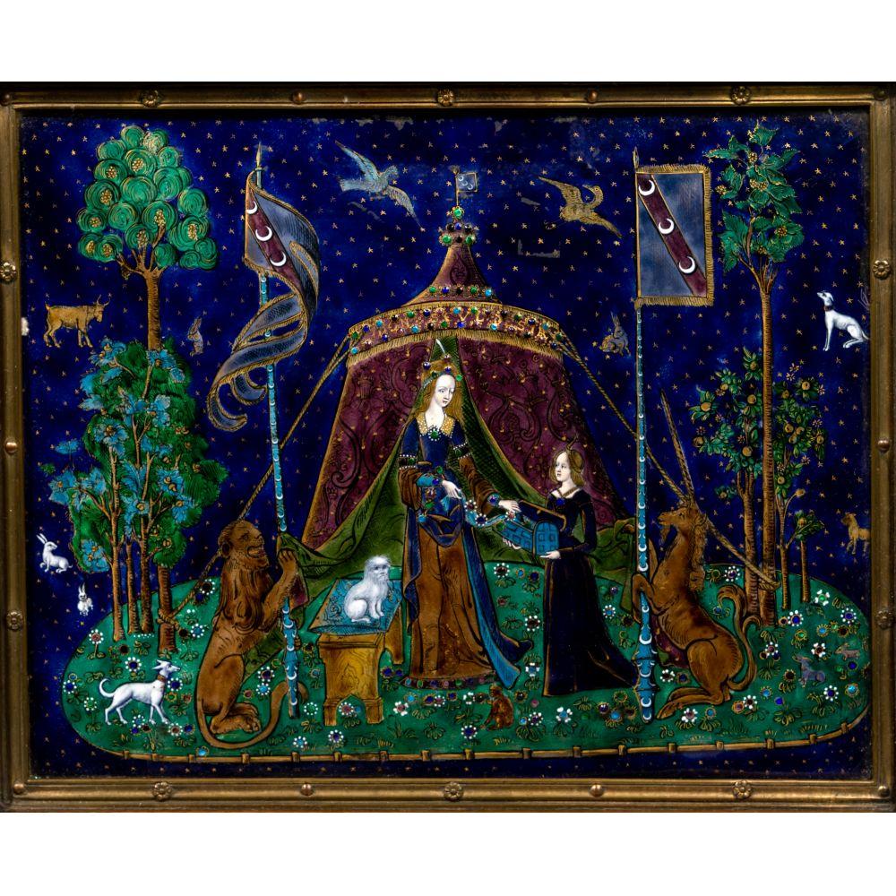 Limoges 'Lady and the Unicorn' Hand Painted Enamel Walnut Box