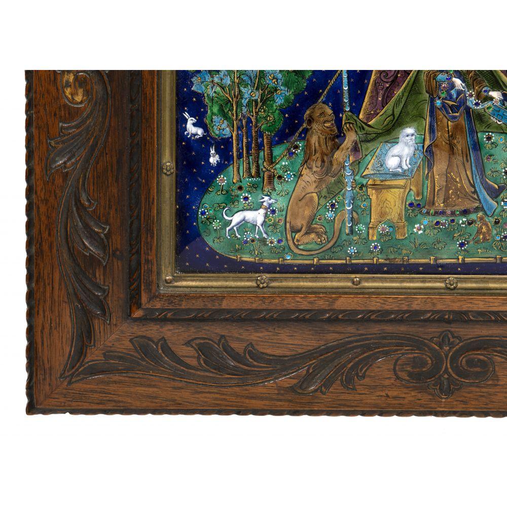 Limoges 'Lady and the Unicorn' Hand Painted Enamel Walnut Box