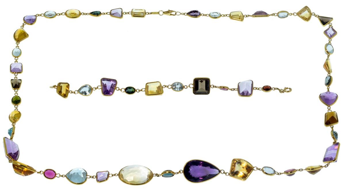 18k Yellow Gold and Brazilian Gemstone Necklace and Bracelet