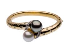 18k White Gold, Pearl and Diamond Hinged Bangle Bracelet