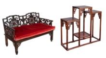 Chinese Carved Wood Bench and Stand