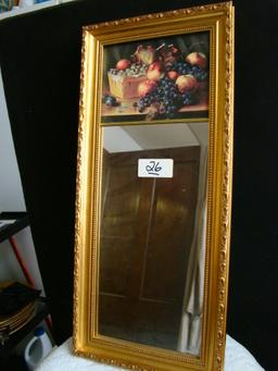 MIRROR, FRUIT BASKET INSET AT TOP, 9 X 20 INCHES, EX CONDITION