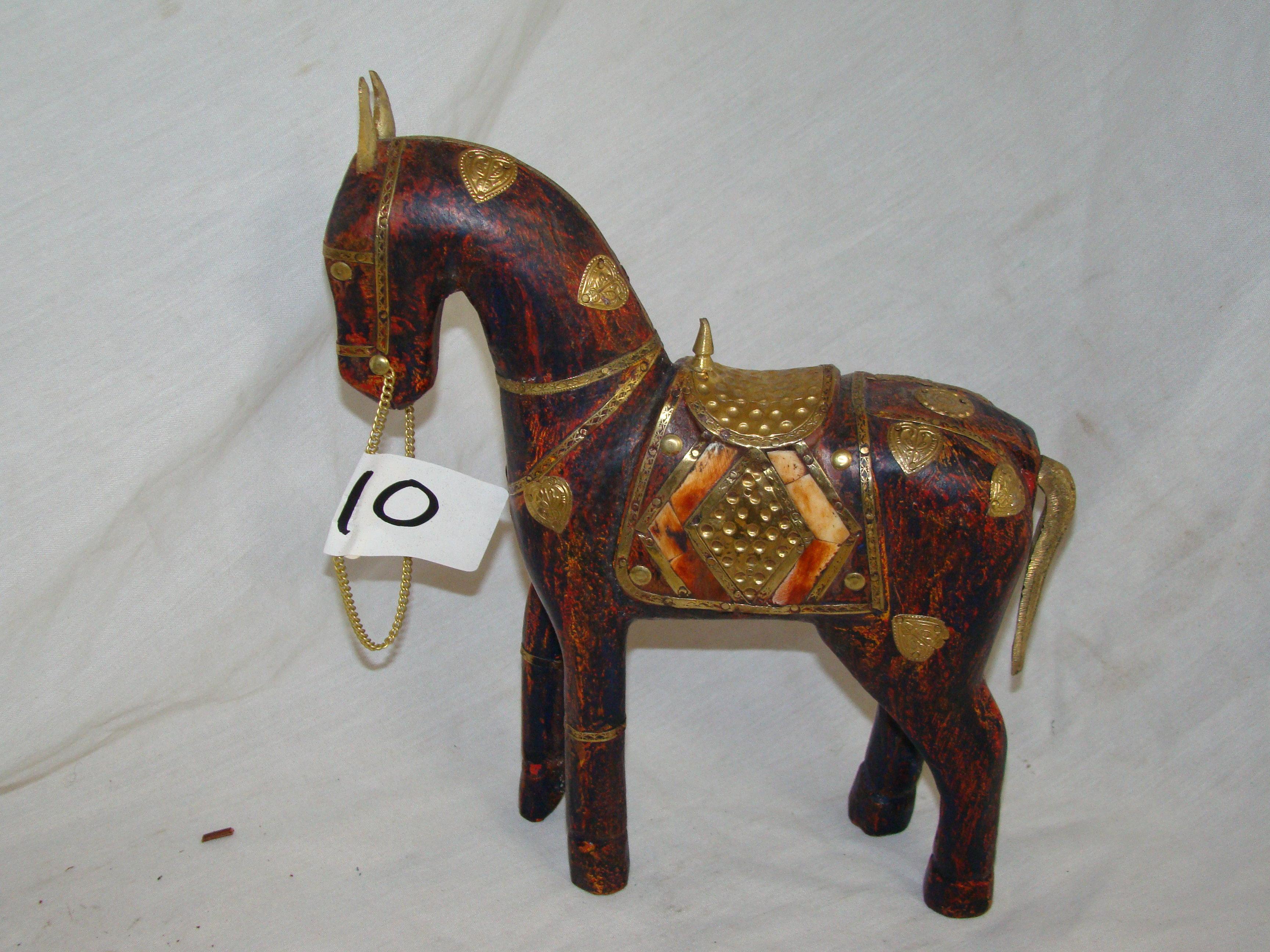 ORIENTAL STYLE HORSE FIGURINE, BRASS AND STONE DECORATED. APPEARS LIKE WOOD