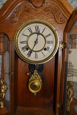 OAK MIRROR SIDE VINTAGE WOODEN MANTLE CLOCK W/ CHERUBS, PENDULUM