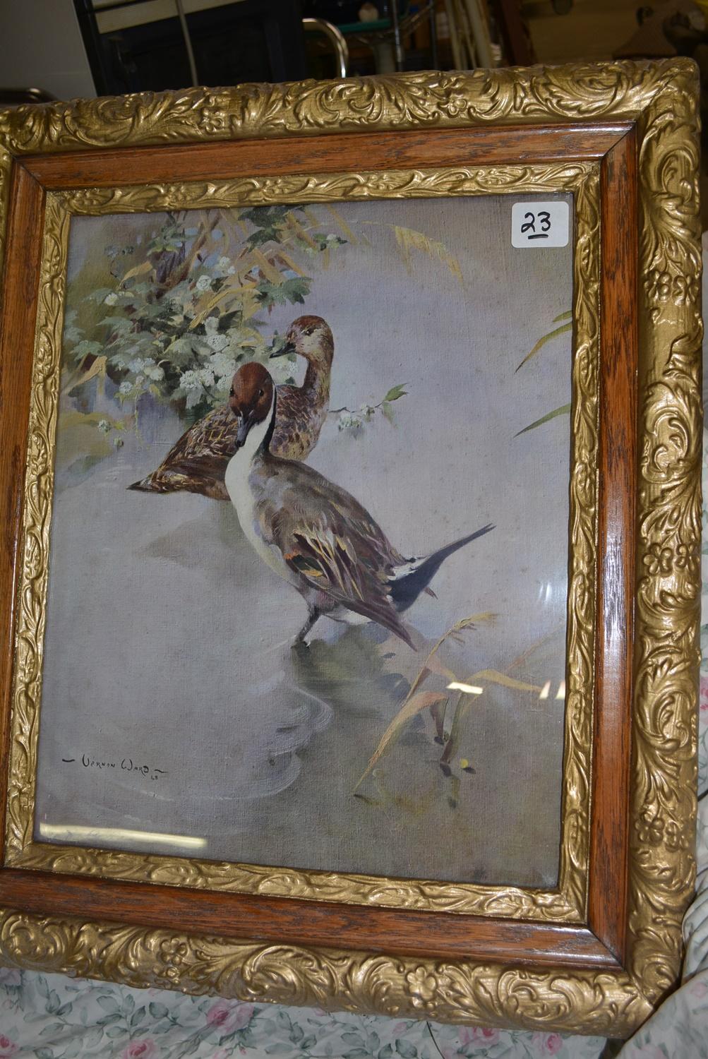 VINTAGE WOODEN FRAMED DUCK PRINT UNDER GLASS