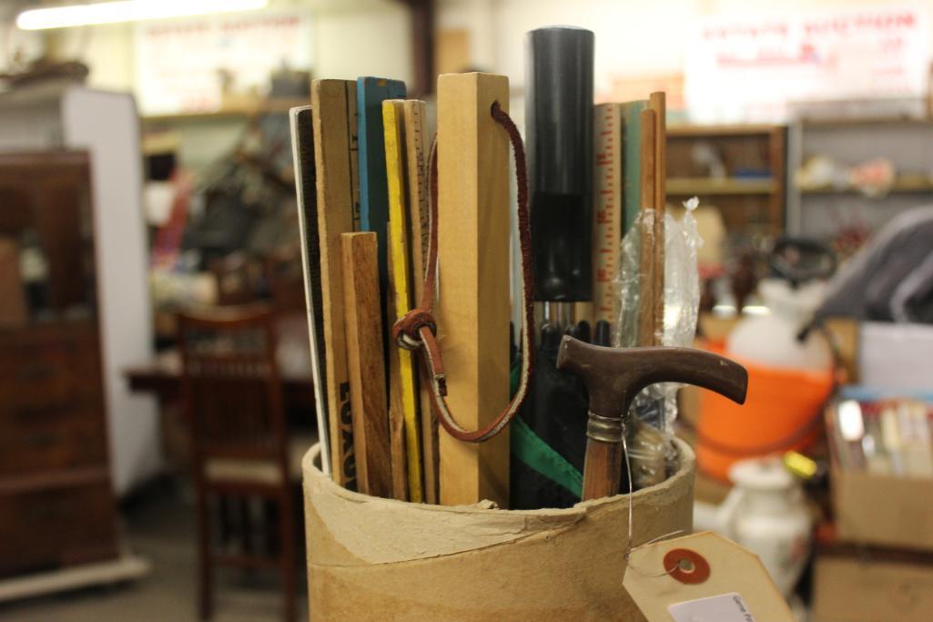 Tub Lot of Yard Stick, Umbrella, Walking Stick