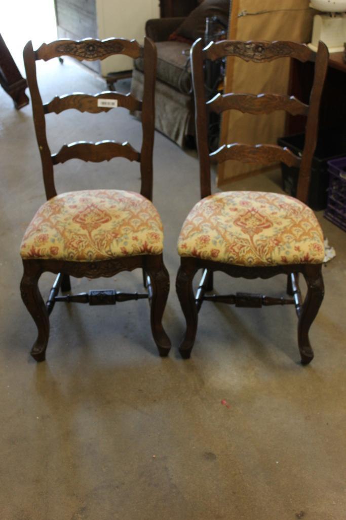 MATCH PR OF OAK CHAIRS W/UPHOLSTERY SEATS & LATCH IN BACK