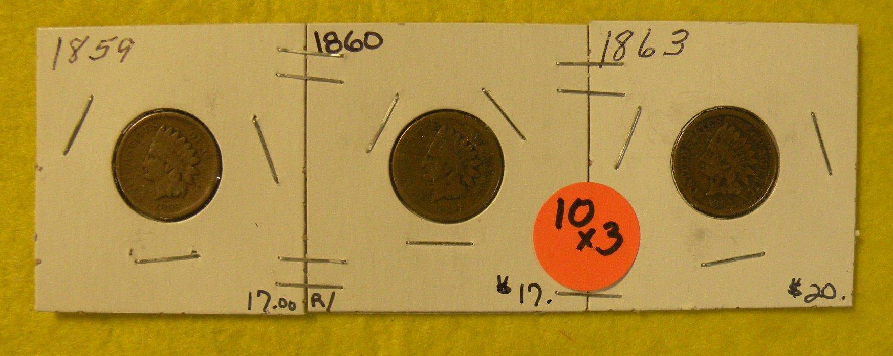 1859, 1860, 1863 INDIAN HEAD PENNIES - 3 TIMES MONEY