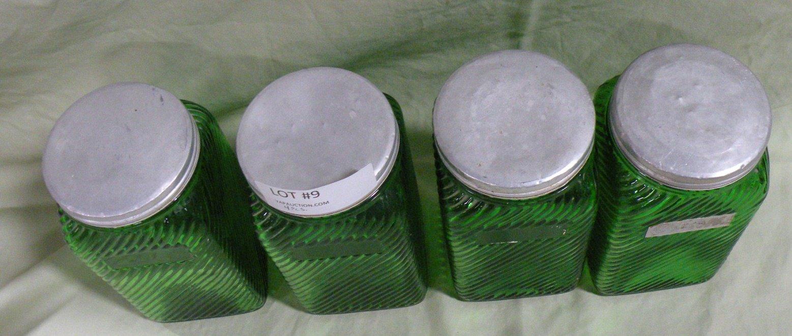 4 PIECE VTG. GREEN GLASS CANISTER SET W/ALUMINUM LIDS