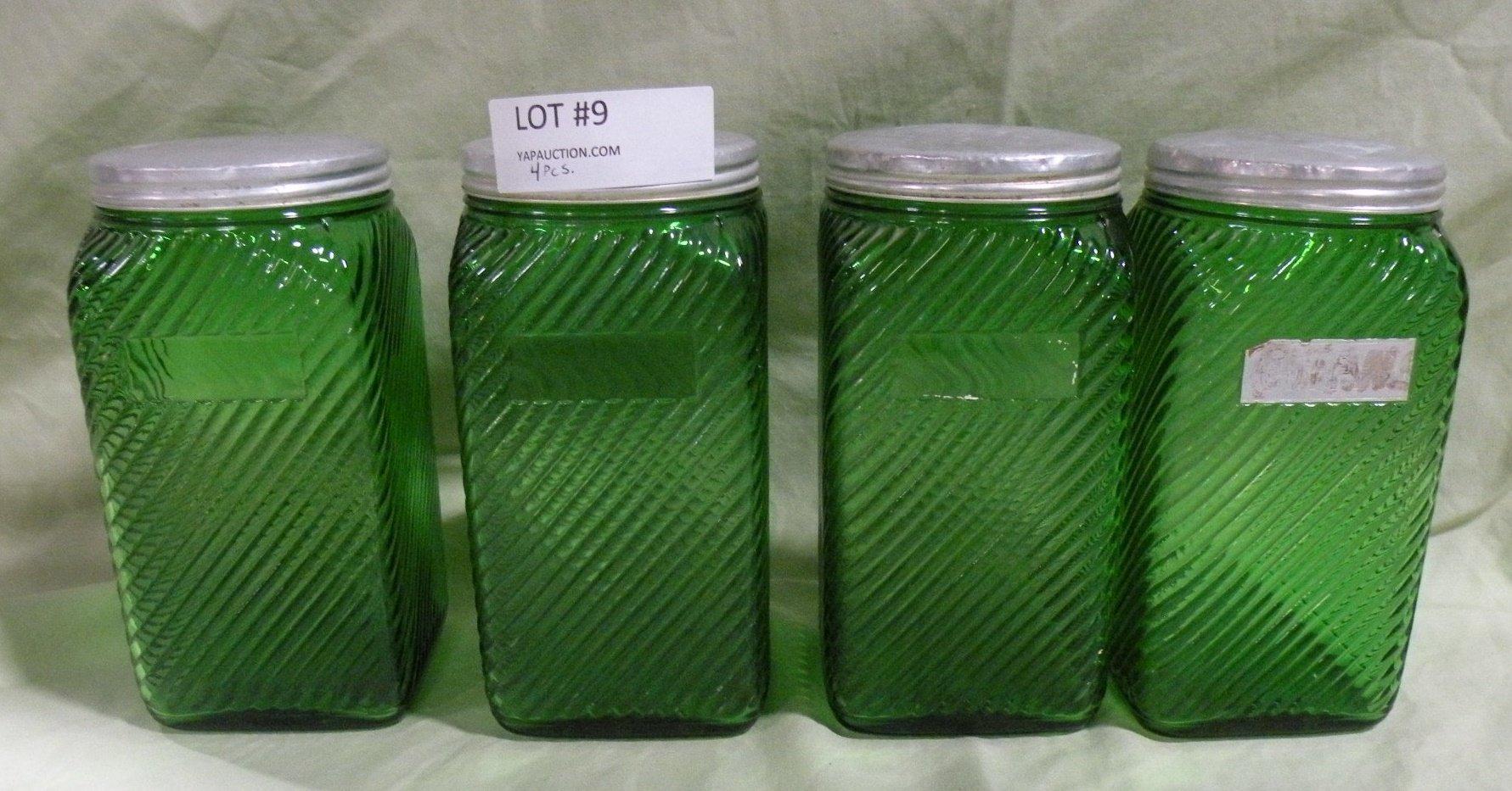 4 PIECE VTG. GREEN GLASS CANISTER SET W/ALUMINUM LIDS