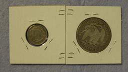 1866 NICKEL THREE CENT, 1877 SEATED LIBERTY HALF DOLLAR - 2 TIMES MONEY