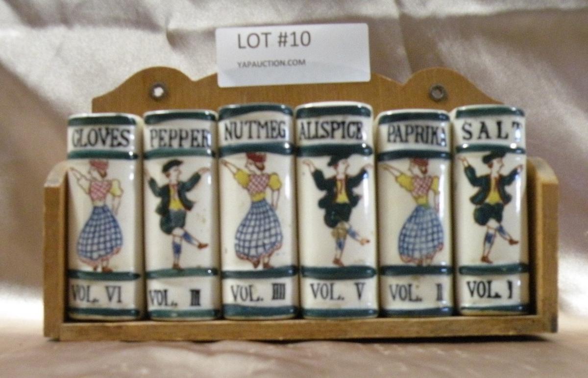 SMALL VINTAGE SPICE RACK W/6 CERAMIC JARS