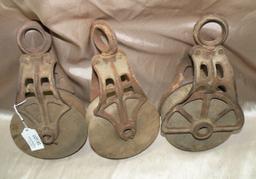 3 PRIMITIVE WOOD/METAL BARN PULLEYS - 3 TIMES MONEY