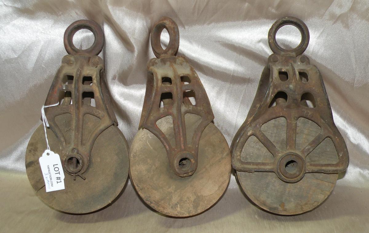 3 PRIMITIVE WOOD/METAL BARN PULLEYS - 3 TIMES MONEY