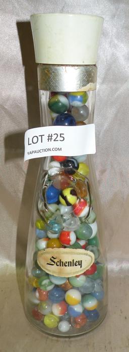 SCHENLEY GLASS DECANTER W/ASSORTED MARBLES