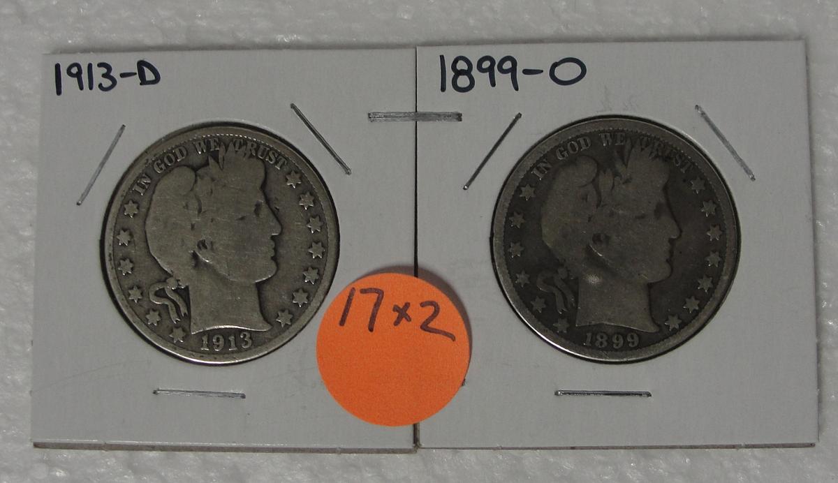 1899-O, 1913-D BARBER HALF DOLLARS - 2 TIMES MONEY