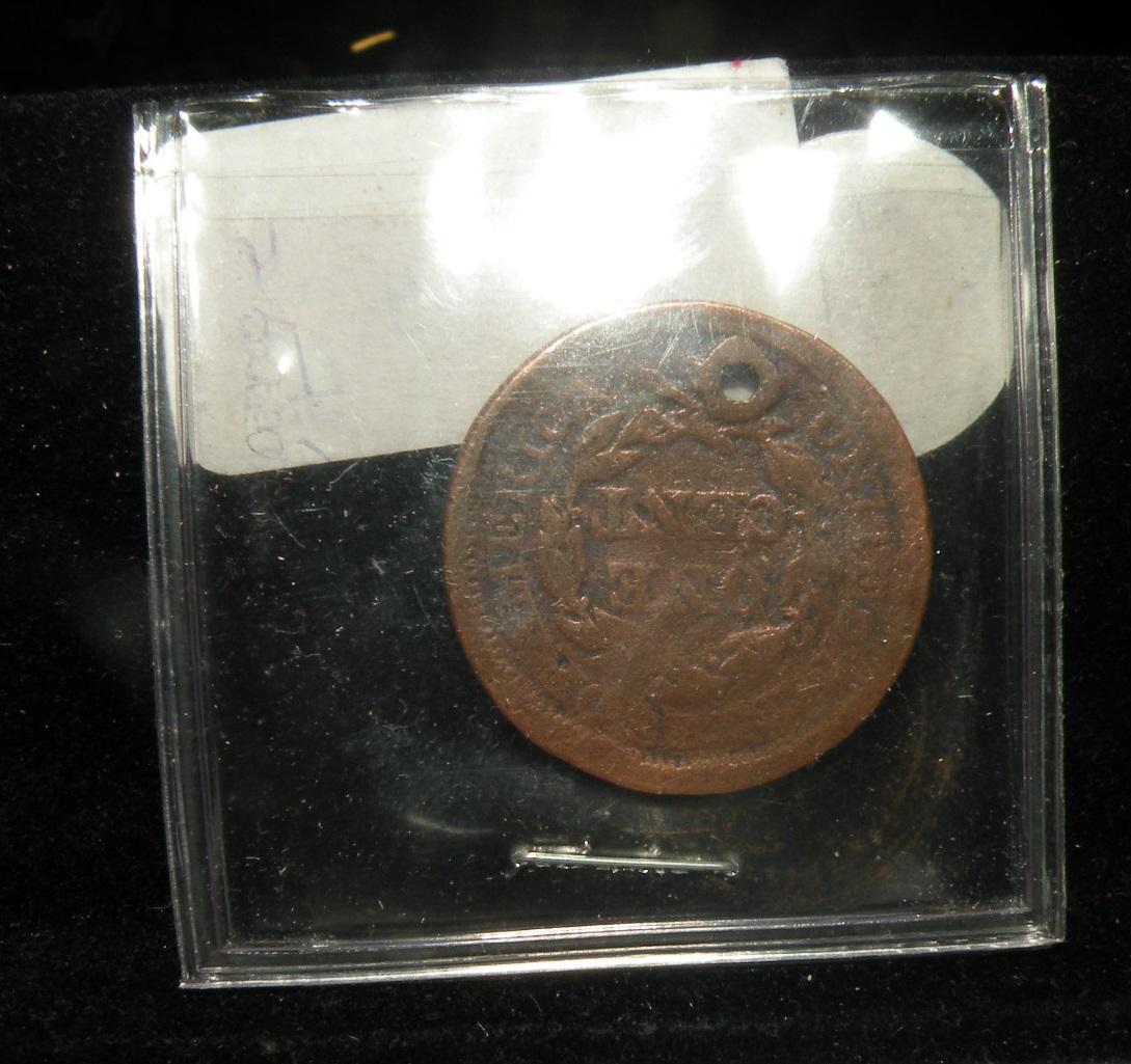 1855 BRAIDED HAIR LARGE CENT - HOLE DRILLED THROUGH IT