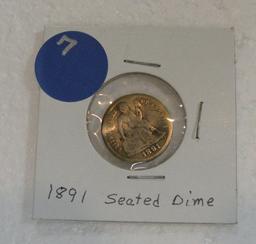 1891 SEATED LIBERTY DIME - BENT