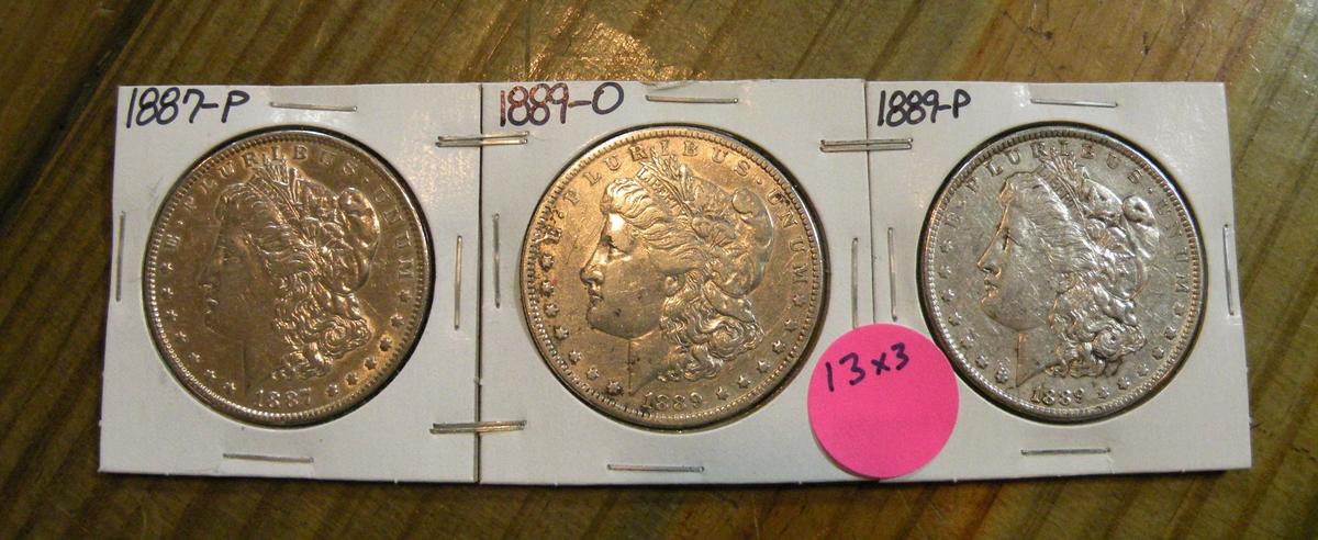 1887, 1889, 1889-O MORGAN SILVER DOLLARS - 3 TIMES MONEY