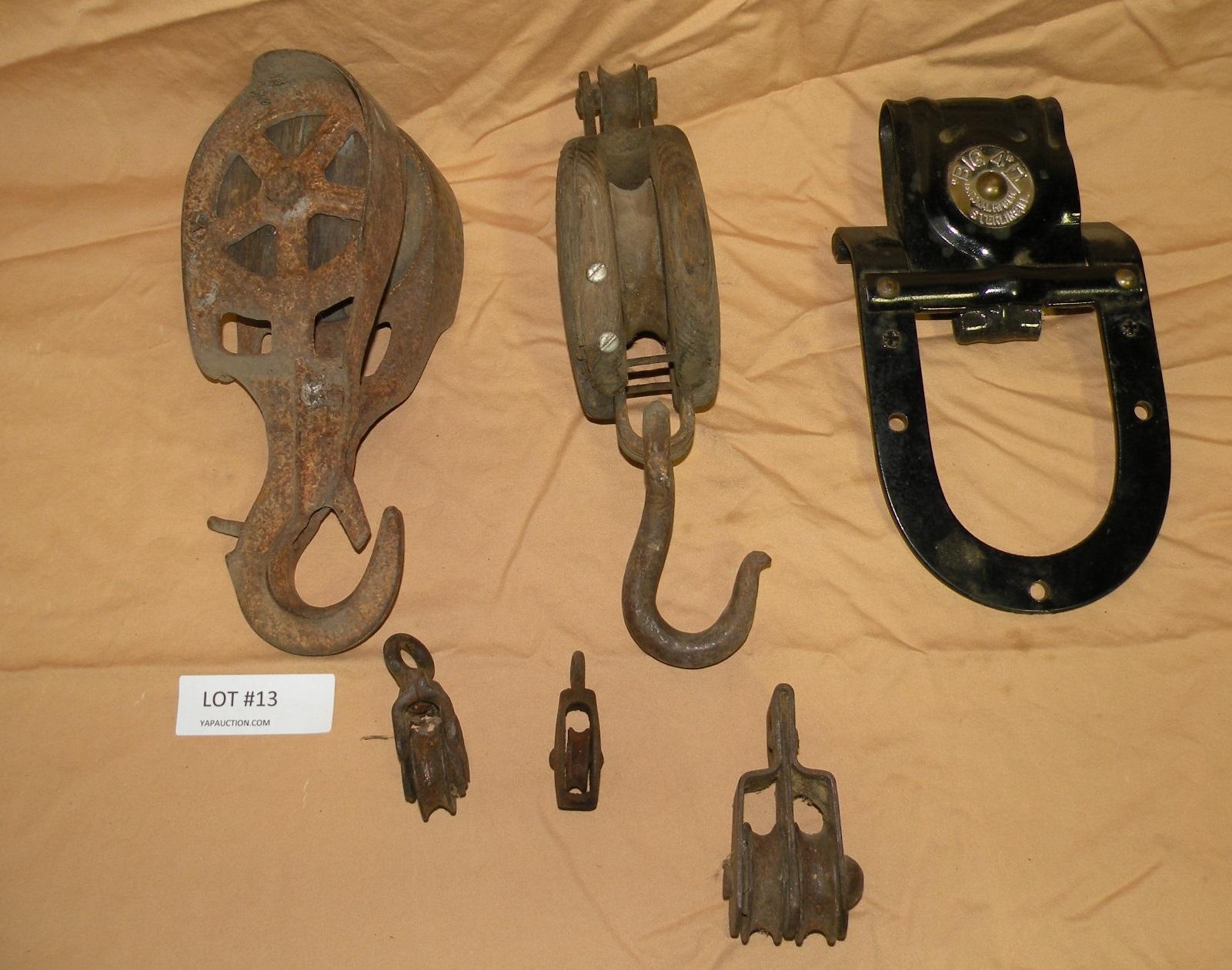 6 ASSORTED METAL/WOOD PRIMITIVE PULLEYS