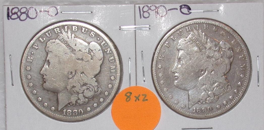 1880-O, 1890-O MORGAN SILVER DOLLARS - 2 TIMES MONEY