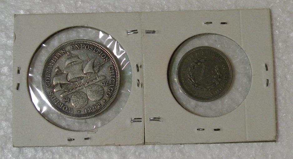 1883 V NICKEL - NO CENTS, 1892 COLUMBIAN HALF DOLLAR - 2 TIMES MONEY