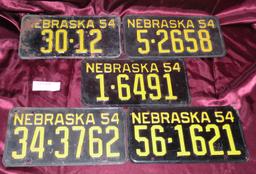 5 - 1954 NEBRASKA LICENSE PLATES - CLAY, DOUGLAS, DODGE, FILLMORE, SHERMAN COUNTY