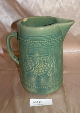 VINTAGE GREEN STONEWARE PITCHER - COUPLE CHIPS