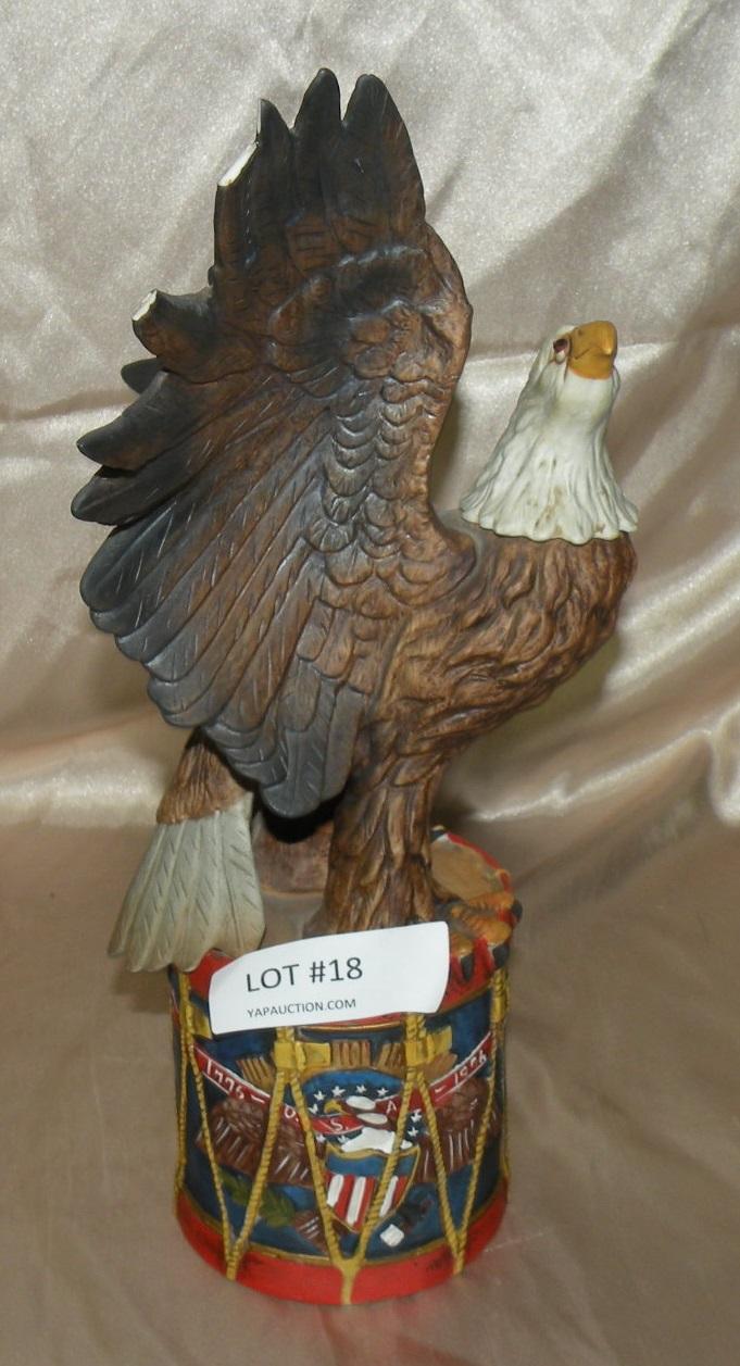 1976 CERAMIC DRUM EAGLE DECANTER - COUPLE CHIPS, REPAIR