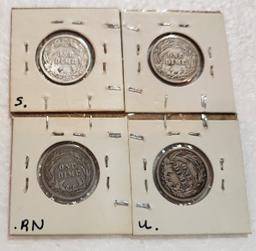 1901-O, 1904, 1905-S, 1914-D BARBER DIMES - 4 TIMES MONEY