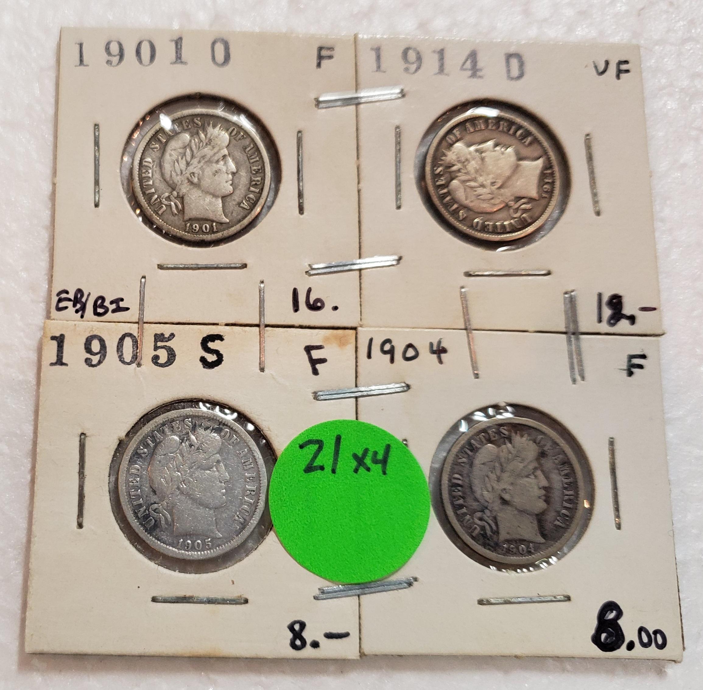 1901-O, 1904, 1905-S, 1914-D BARBER DIMES - 4 TIMES MONEY