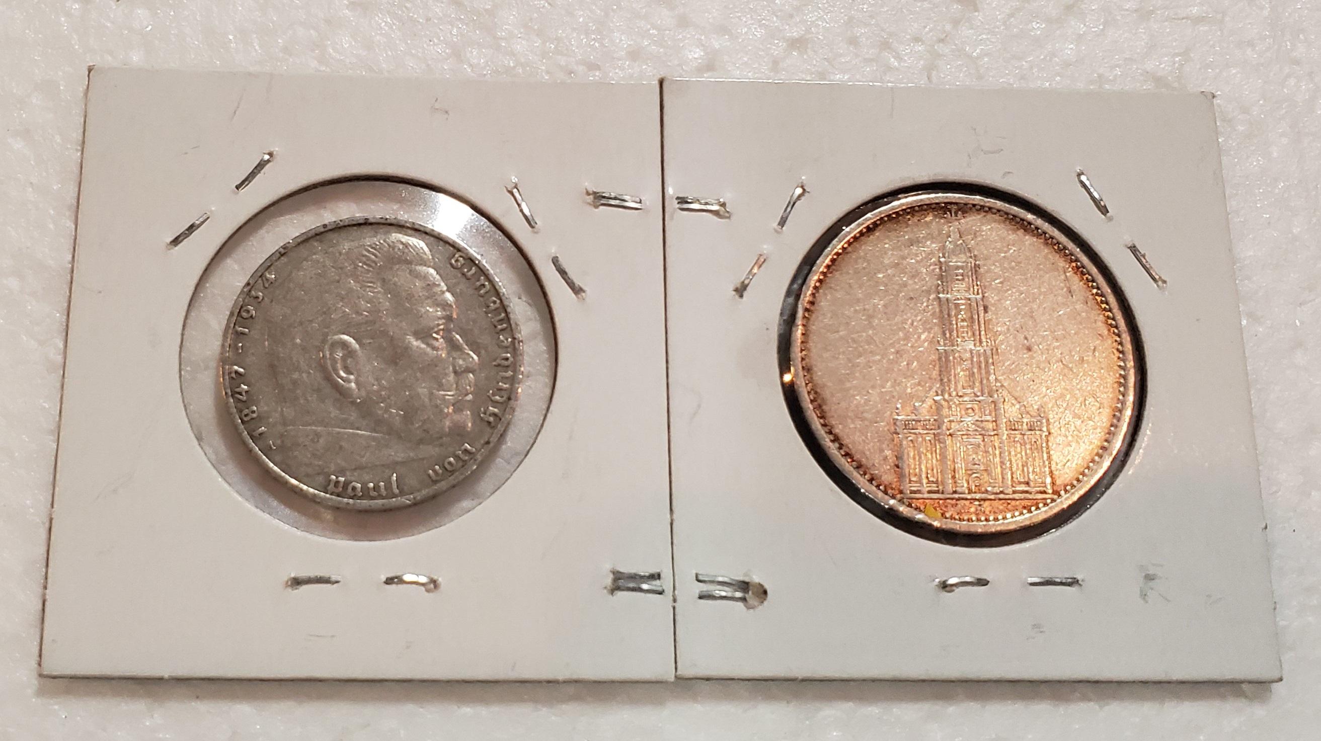 1935, 1938 GERMAN SILVER COINS - 5 MARK, 2 MARK - 2 TIMES MONEY